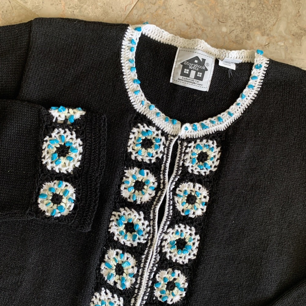 Storybook Knits Black Sweater White Crochet Flower Tourquise Beaded Large